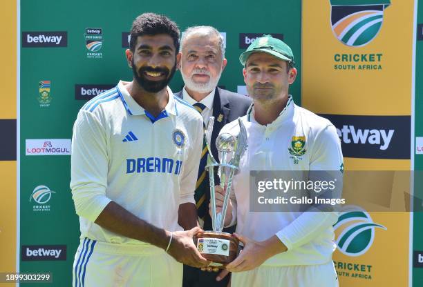 Jasprit Bumrah of India and Dean Elgar of South Africa at the post match presentation during day 2 of the 2nd Test match between South Africa and...