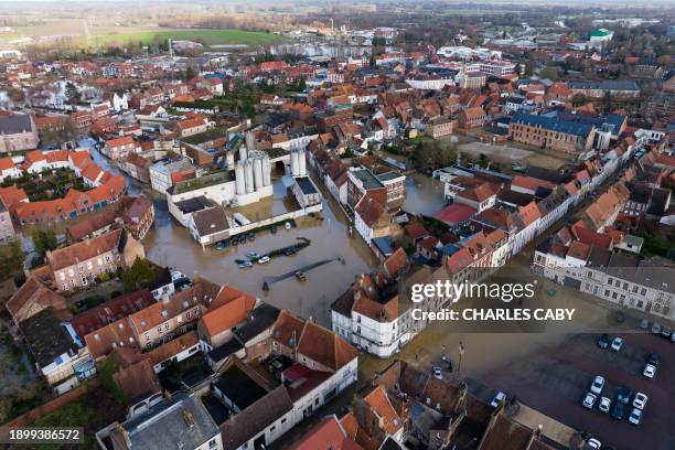 This aerial picture shows a flooded part of Aire-sur-la-Lys, northern France, following the flood of the Aa river, on January 4, 2024. The river...