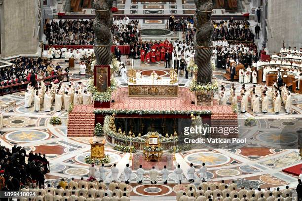 View of St. Peter's Basilica during New Year's Day Mass celebrating the Solemnity of Mary, Mother of God presided by Pope Francis on January 01, 2024...
