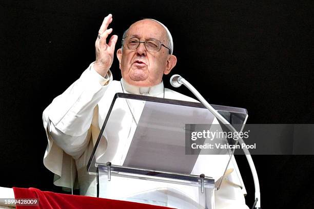 Pope Francis delivers his Angelus blessing from his studio overlooking St. Peter's Square on January 01, 2024 in Vatican City, Vatican. Pope Francis...