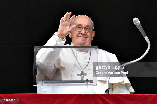 Pope Francis delivers his Angelus blessing from his studio overlooking St. Peter's Square on January 01, 2024 in Vatican City, Vatican. Pope Francis...