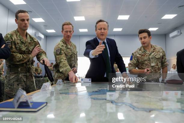 British Foreign Secretary David Cameron meets British troops, part of the NATO-led peacekeeping mission on January 4, 2024 in Pristina, Kosovo. In...