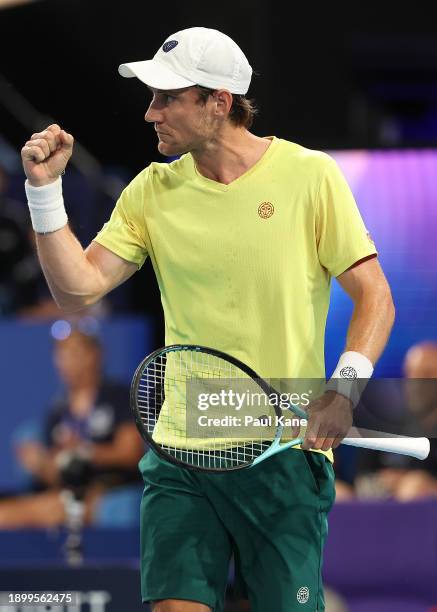 Matt Ebden of Team Australia celebrates a point in the mixed doubles partnered with Storm Hunter against Jessica Pegula and Rajeev Ram of Team USA...