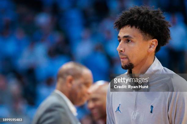 Director of Team and Player Development Marcus Paige of the North Carolina Tar Heels looks on during a game against the Charleston Southern...