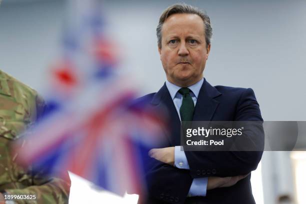 British Foreign Secretary David Cameron meets British troops, part of the NATO-led peacekeeping mission on January 4, 2024 in Pristina, Kosovo. In...