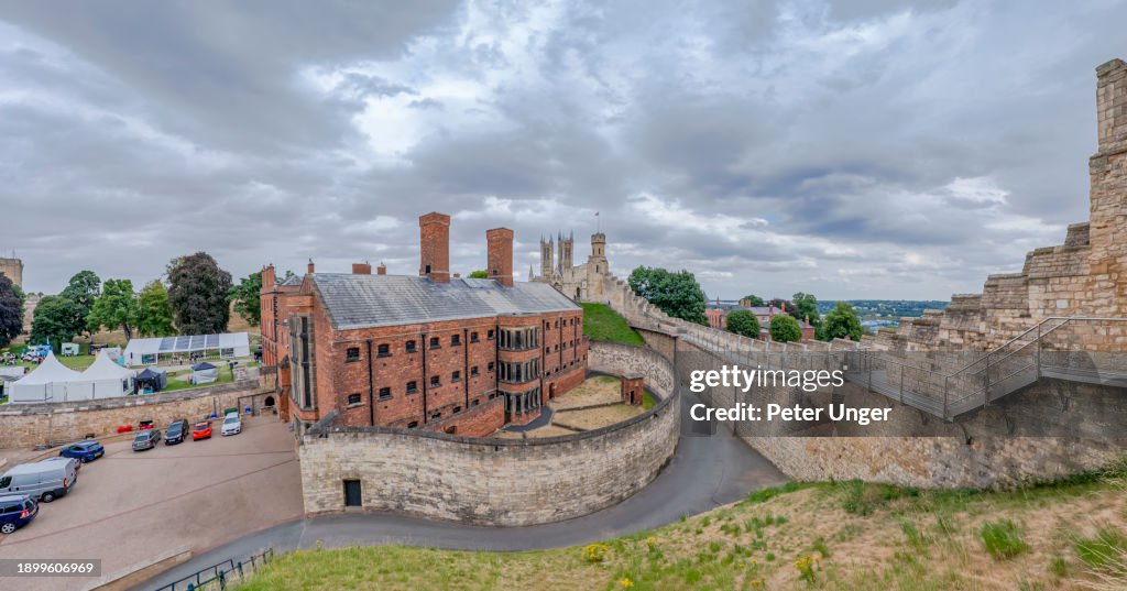 Panoramic view of Lincoln Castle which is a major medieval castle constructed in Lincoln, during the late 11th century by William the Conqueror on the site of a pre-existing Roman fortress. The castle is unusual in that it has two mottes, Lincoln, England