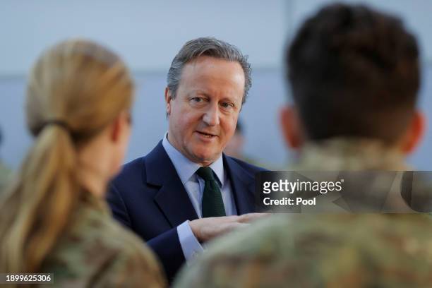 British Foreign Secretary David Cameron meets British troops, part of the NATO-led peacekeeping mission on January 4, 2024 in Pristina, Kosovo. In...