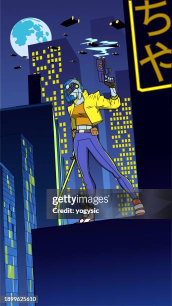 vector female cyberpunk mercenary in a city vector illustration - only japanese stock illustrations