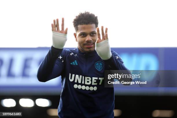 Georginio Rutter of Leeds United warms up prior to the Sky Bet Championship match between Leeds United and Birmingham City at Elland Road on January...