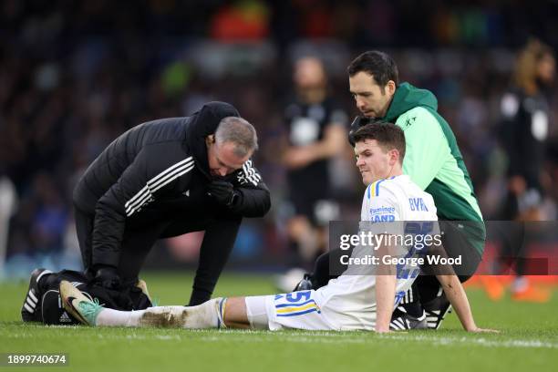 Sam Byram of Leeds United receives medical treatment during the Sky Bet Championship match between Leeds United and Birmingham City at Elland Road on...