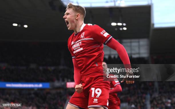 Middlesbrough player Josh Coburn celebrates after scoring the opening goal during the Sky Bet Championship match between Middlesbrough and Coventry...