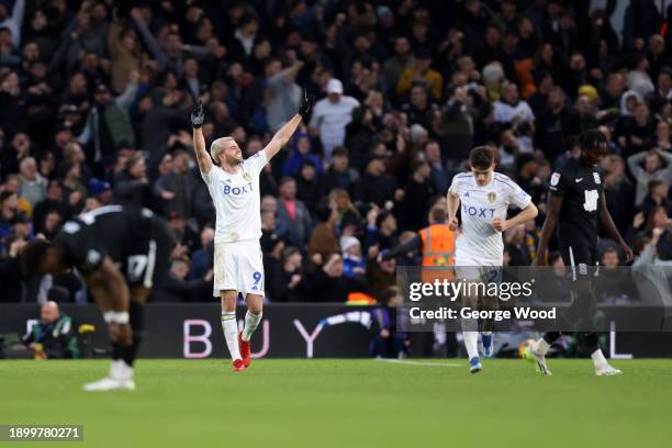 Patrick Bamford of Leeds United celebrates after scoring their team's first goal during the Sky Bet Championship match between Leeds United and...