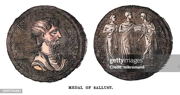 old engraved illustration of bronze medallion, inscribed salusti/vs avtor, an imaginary likeness, sometimes identified as sallustius crispus - change award stock pictures, royalty-free photos & images