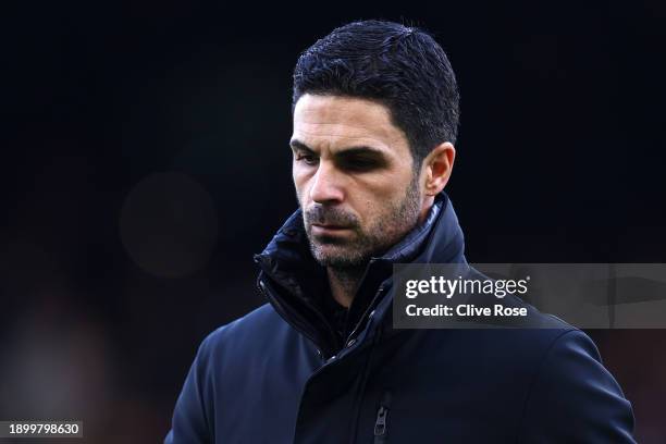 Mikel Arteta of Arsenal looks on prior to the Premier League match between Fulham FC and Arsenal FC at Craven Cottage on December 31, 2023 in London,...