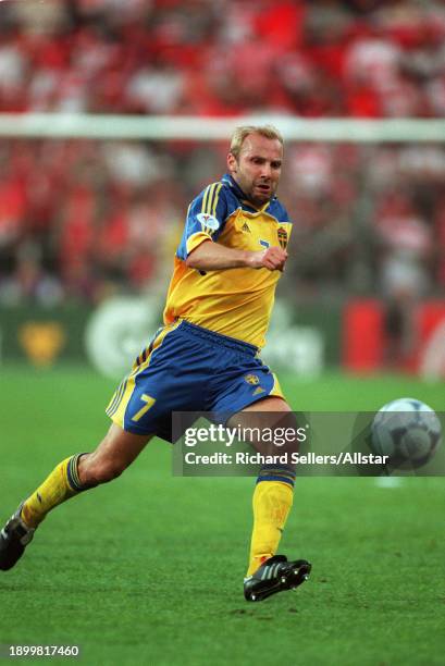 June 15: Hakan Mild of Sweden on the ball during the UEFA Euro 2000 Group B match between Sweden and Turkey at Philips Stadion on June 15, 2000 in...