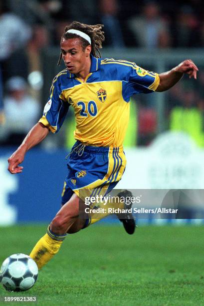 June 15: Henrik Larsson of Sweden on the ball during the UEFA Euro 2000 Group B match between Sweden and Turkey at Philips Stadion on June 15, 2000...
