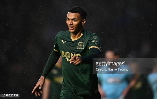 Morgan Whittaker of Plymouth Argyle celebrates after scoring their sides second goal during the Sky Bet Championship match between Plymouth Argyle...
