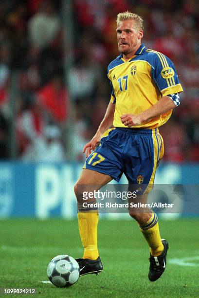June 15: Johan Mjallby of Sweden on the ball during the UEFA Euro 2000 Group B match between Sweden and Turkey at Philips Stadion on June 15, 2000 in...