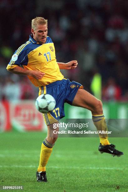 June 15: Johan Mjallby of Sweden on the ball during the UEFA Euro 2000 Group B match between Sweden and Turkey at Philips Stadion on June 15, 2000 in...