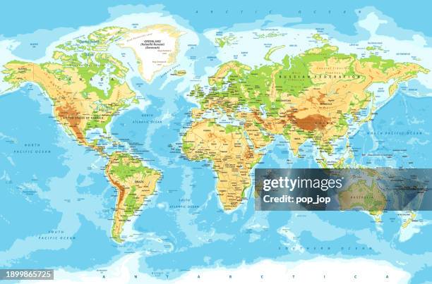 illustrazioni stock, clip art, cartoni animati e icone di tendenza di mappa del mondo - mappa vettoriale altamente dettagliata del mondo. sollievo fisico. - planisfero fisico