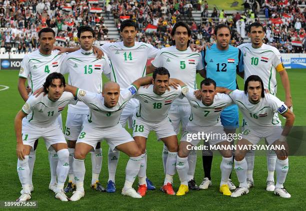 Iraq's midfielder Qusai Munir, defender Ali Rahima, defender Salam Shaker, midfielder Nashat Akram, goalkeeper Mohammed Qassid, forward Yunes Mahmud,...