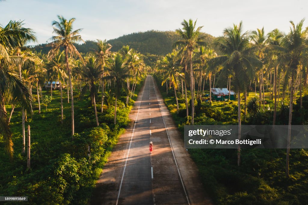 Woman walking on road lined with palm trees
