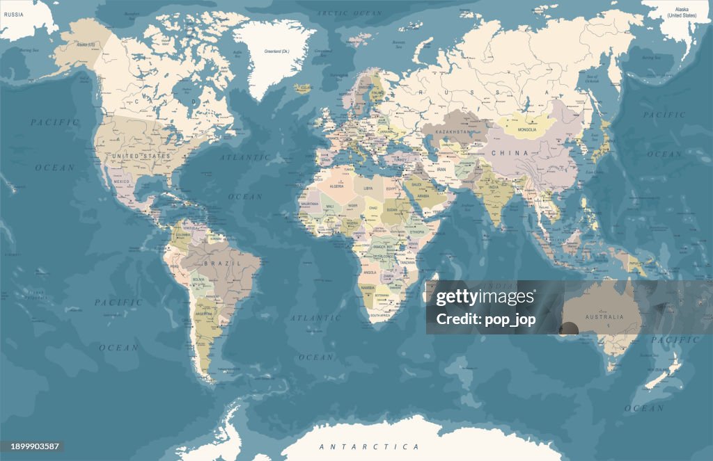 World Map - Highly Detailed Vector Map of the World. Dark Vintage Retro Style.