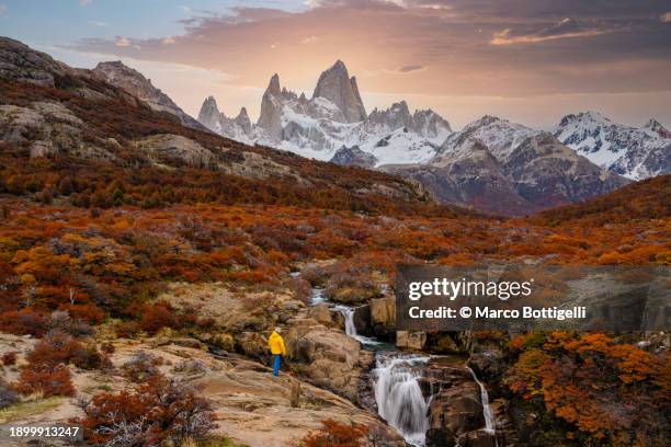 man admiring mt fitz roy, patagonia, argentina - patagonie-argentine photos et images de collection