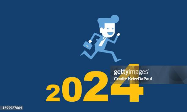 businessman climbing upstairs to 2024, business success - upstairs stock illustrations