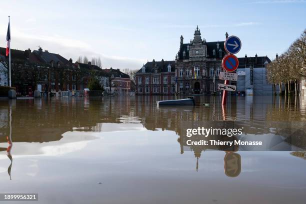 The Town Hall of Arques and the 'Place Roger Salengro', flooded by the river Aa on January 4, 2024 in Arques, Pas-de-Calais, France. A state of...