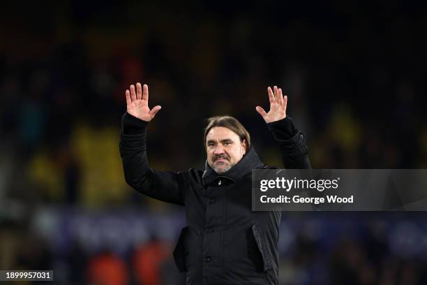 Daniel Farke, Manager of Leeds United, celebrates victory following the Sky Bet Championship match between Leeds United and Birmingham City at Elland...