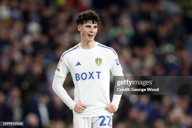 Archie Gray of Leeds United reacts during the Sky Bet Championship match between Leeds United and Birmingham City at Elland Road on January 01, 2024...