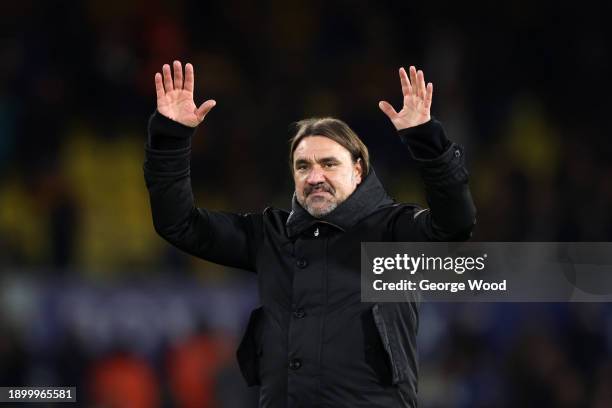 Daniel Farke, Manager of Leeds United, celebrates victory following the Sky Bet Championship match between Leeds United and Birmingham City at Elland...