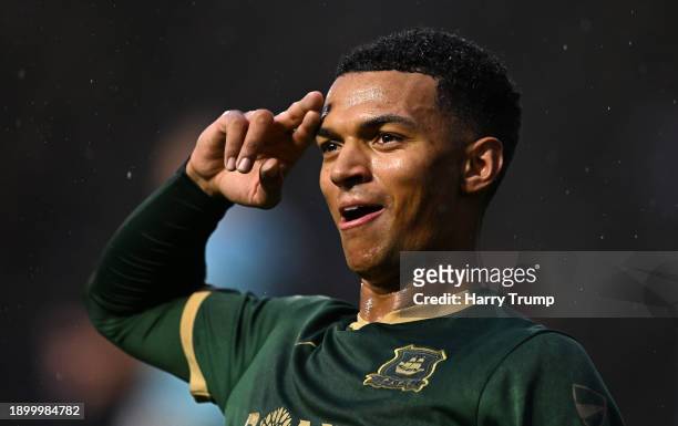 Morgan Whittaker of Plymouth Argyle celebrates after scoring their sides second goal during the Sky Bet Championship match between Plymouth Argyle...