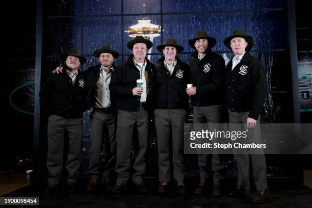 The coaching staff of the Seattle Kraken pose for a photo after arriving at T-Mobile Park prior to the game against the Vegas Golden Knights on...