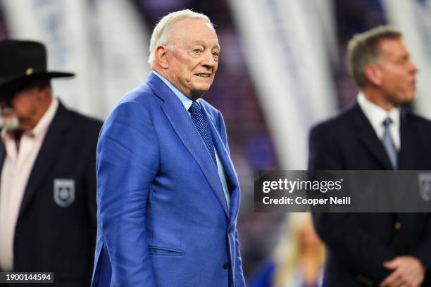 Dallas Cowboys owner Jerry Jones looks on at halftime during an NFL football game between the Detroit Lions and the Dallas Cowboys at AT&T Stadium on...