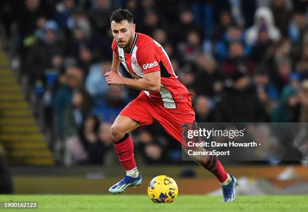 Sheffield United's George Baldock during the Premier League match between Manchester City and Sheffield United at Etihad Stadium on December 30, 2023...