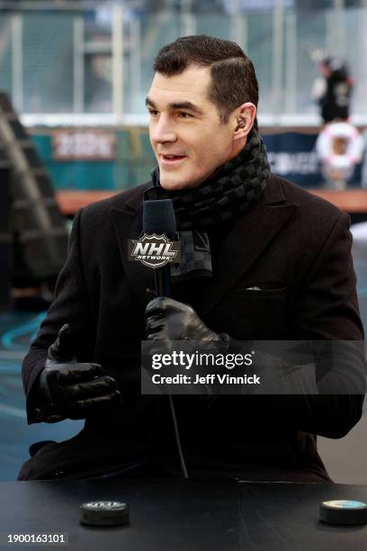 Network commentator Brian Boyle speaks on-air before the 2024 Discover NHL Winter Classic between the Vegas Golden Knights and the Seattle Kraken at...