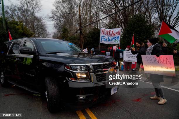 Group of pro-Palestine activists staged protest in front of the US Secretary of State Antony Blinken's House in McLean, VA and spell fake blood on...