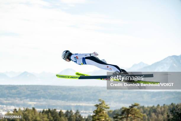 Lisa Eder of Austria competes during the FIS World Cup Ski Jumping Women Individual HS98 on January 4, 2024 in Villach, Austria.