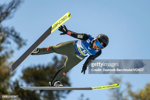 Thea Minyan Bjoerseth of Norway competes during the FIS World Cup Ski Jumping Women Individual HS98 on January 4, 2024 in Villach, Austria.