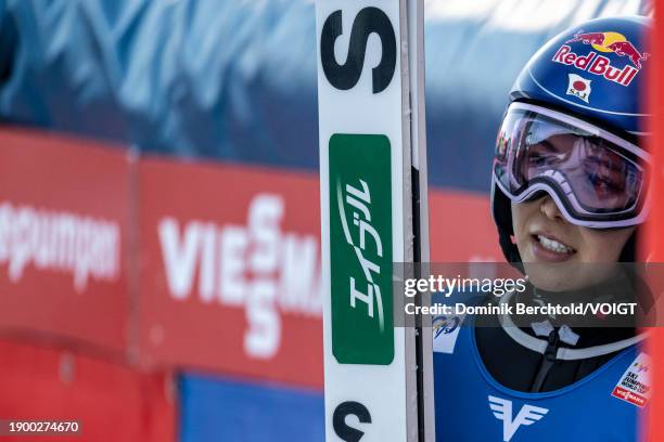 Sara Takanashi of Japan looks on during the FIS World Cup Ski Jumping Women Individual HS98 on January 4, 2024 in Villach, Austria.