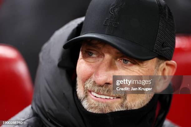 Juergen Klopp, Manager of Liverpool, looks on prior to the Premier League match between Liverpool FC and Newcastle United at Anfield on January 01,...