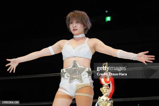 Saori Anou celebrates the victory during the Women's Pro-Wrestling "Stardom"　- Stardom Dream Queendom at Ryogoku Kokugikan on December 29, 2023 in...