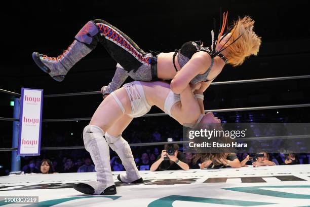 Saori Anou and MIRAI compete during the Women's Pro-Wrestling "Stardom"　- Stardom Dream Queendom at Ryogoku Kokugikan on December 29, 2023 in Tokyo,...