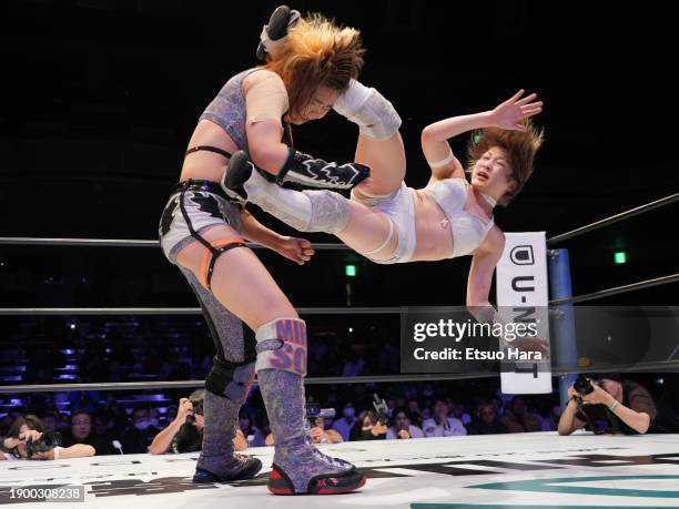 Saori Anou and MIRAI compete during the Women's Pro-Wrestling "Stardom"　- Stardom Dream Queendom at Ryogoku Kokugikan on December 29, 2023 in Tokyo,...