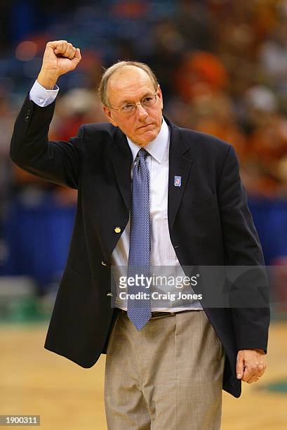 Head coach Jim Boeheim of Syracuse celebrates after the semifinal round of the NCAA Final Four Tournament against Texas on April 5, 2003 at the...