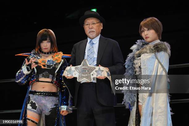 Rossy Ogawa and Saori Anou pose for photographs during the Women's Pro-Wrestling "Stardom"　- Stardom Dream Queendom at Ryogoku Kokugikan on December...