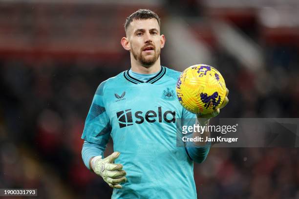 Martin Dubravka of Newcastle United holds the ball after saving a penalty taken by Mohamed Salah of Liverpool during the Premier League match between...