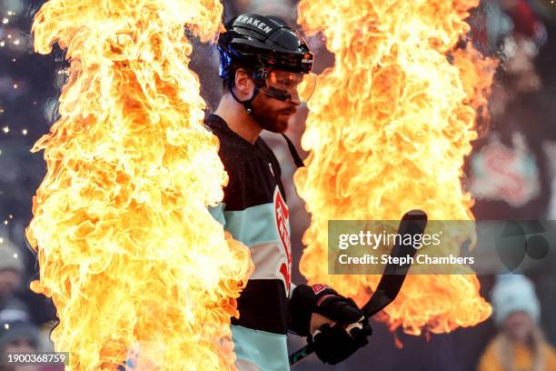 Adam Larsson of the Seattle Kraken walks toward the ice prior to the game against the Vegas Golden Knights at T-Mobile Park on January 01, 2024 in...